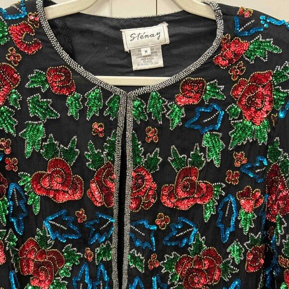 Vtg Stenay Womens Evening Jacket Womens M Sequin Top Black Blue Red Paillette - Picture 2 of 8